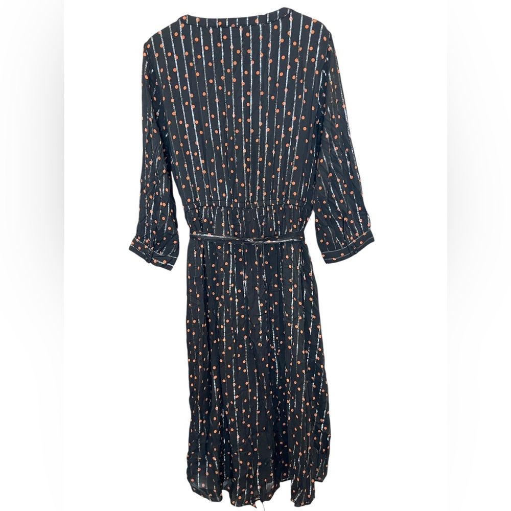 Lane Bryant Black with Silver Stripe and Brown Polka Dot Dress 3/4 Sleeves - Picture 6 of 8